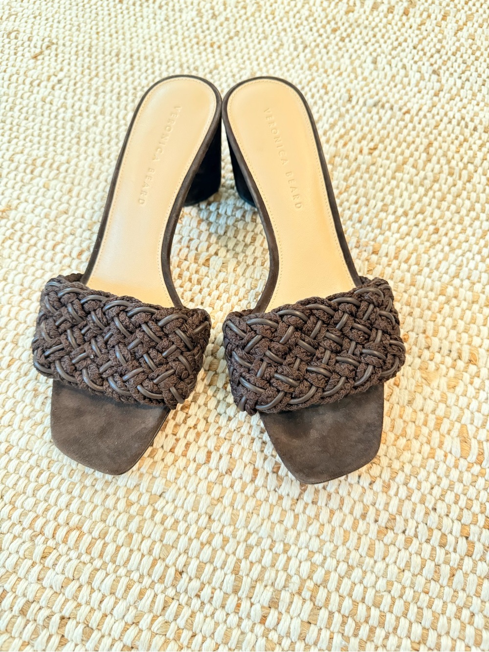 Veronica Beard Dark Brown Braided Block-Heel Mules